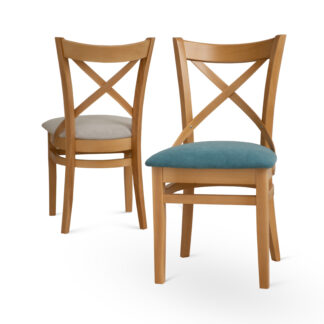 два деревяні мякі стільці з оббивкою різного кольору